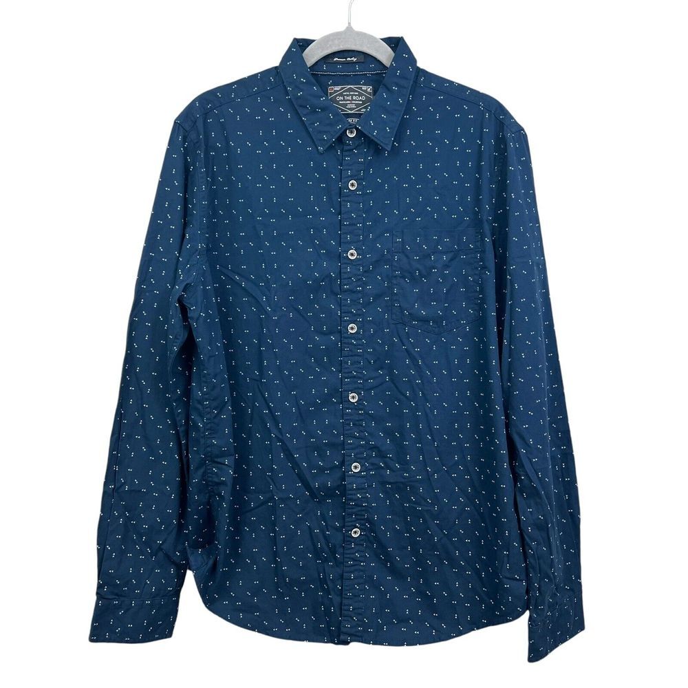 Cactus NY On The Road Mens Button Shirt Traveler Collection Slim Fit Navy Sz L*